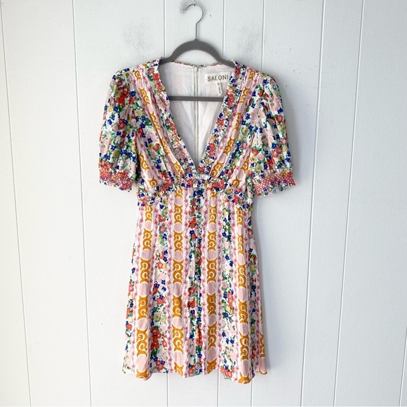 Saloni Lea Smocked Floral Print Crepe Mini Dress Sz. 2 White Orange Pink V Neck - Picture 3 of 16